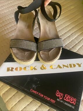 Rock & Candy Black Espadrille Wedge Sandals with Rhinestone Front Strap 7 1/2